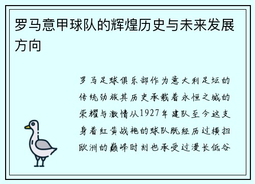 罗马意甲球队的辉煌历史与未来发展方向